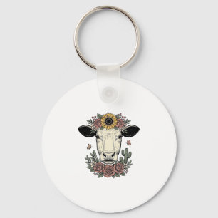 Chaveiro Desenho de gravura vintage de cabeça de vaca flora