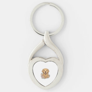 Chaveiro Desenho de Gravura Vintage Floral Retriever Dourad