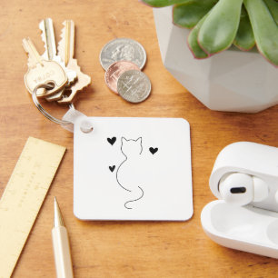 Chaveiro Desenho de linha de gato fofo, com três corações