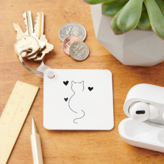 Chaveiro Desenho de linha de gato fofo, com três corações