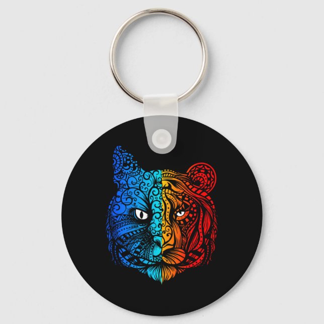 Chaveiro Desenho de Mandala com Rosto de Gato vs Tigre (Frente)