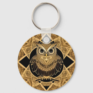 Chaveiro Desenho de Mandala de Coruja Decorativa Dourada