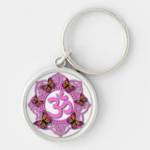 Chaveiro Desenho de mandala ohm rosa com borboletas Monarca