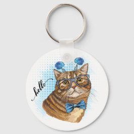 Chaveiro Desenho de mão de um gato Tabby engraçado em óculo