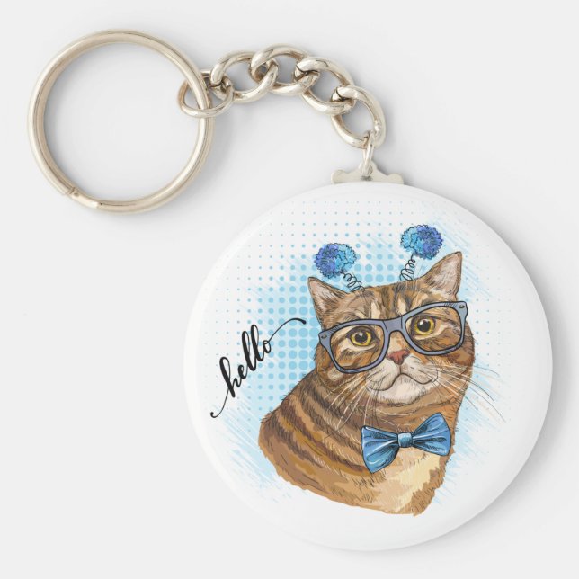 Chaveiro Desenho de mão de um gato Tabby engraçado em óculo (Frente)