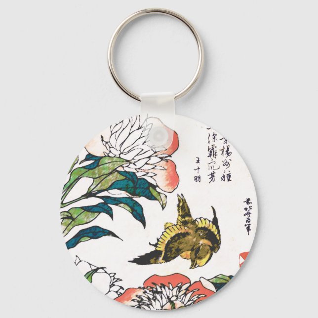 Chaveiro Desenho em japonês, Peonies e Sparrow (Frente)