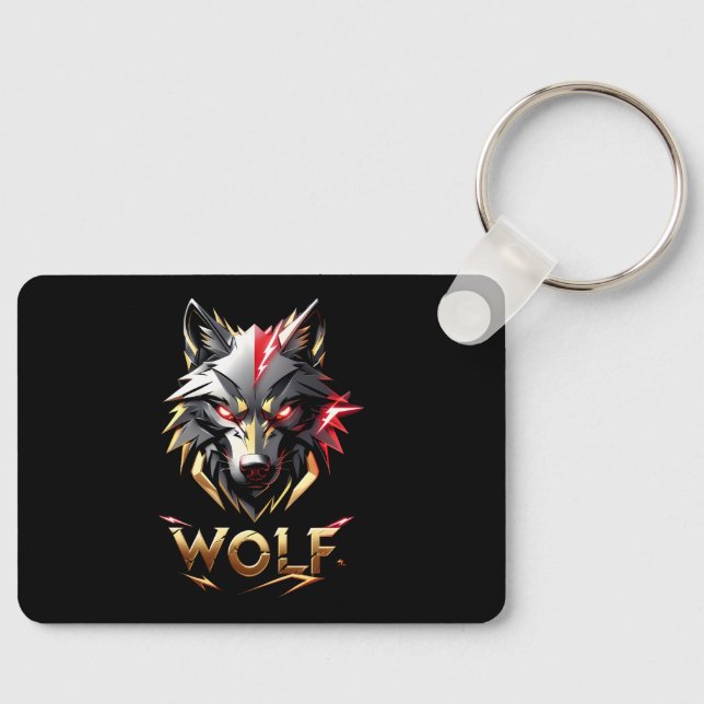 Chaveiro Desenho Feroz de Cabeça de Lobo Dourado e Vermelho (Frente)