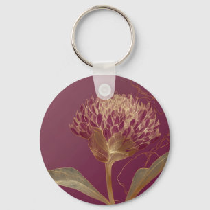 Chaveiro Desenho Floral Botânico em Tom de Dourado Vermelho