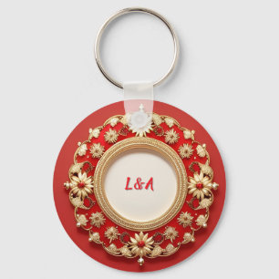 Chaveiro Desenho Floral Circular Dourado Ornamentado