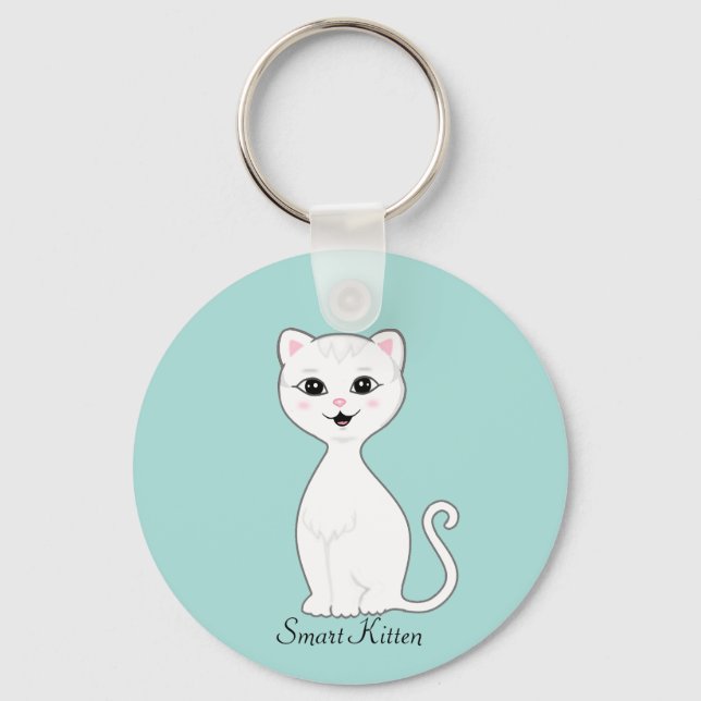 Chaveiro Desenho fofo de gatinho branco inteligente em azul (Frente)