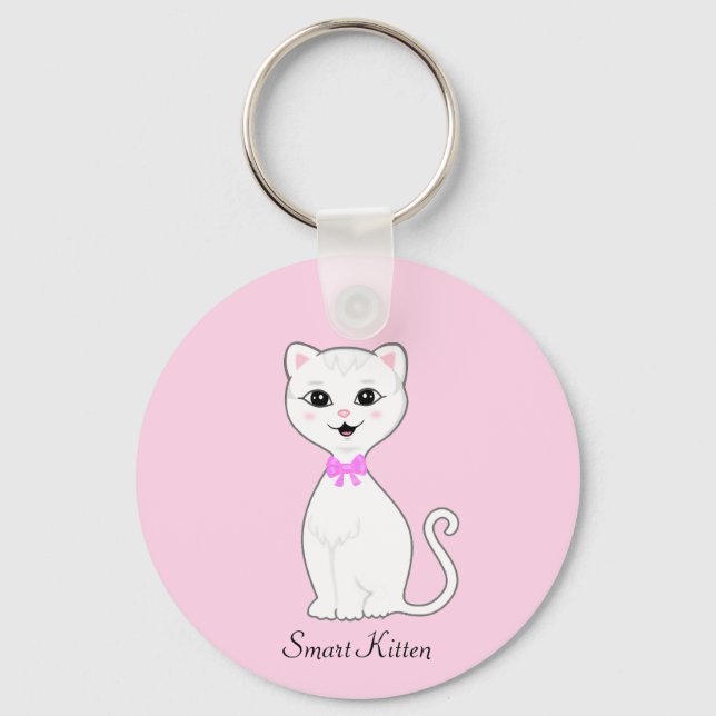 Chaveiro Desenho fofo de gatinho branco inteligente em rosa (Frente)