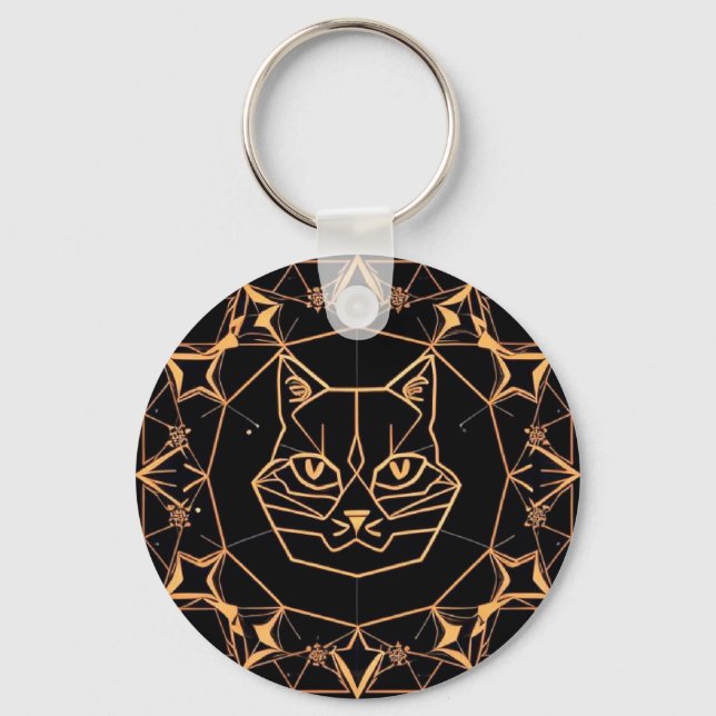 Chaveiro Desenho Geométrico de Gato com Linhas Douradas (Frente)
