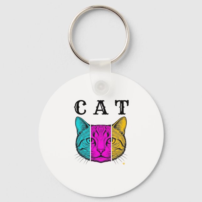 Chaveiro Desenho Gráfico de Bloco de Cor de Gato Gravado Vi (Frente)