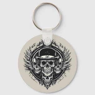 Chaveiro Desenho Intricado de Caveira com Asas e Símbolos
