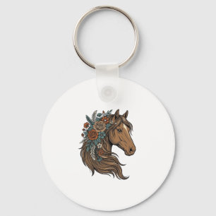 Chaveiro Desenho Vetorial de Cabeça de Cavalo Floral Vintag