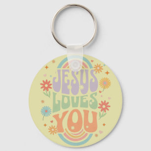 Chaveiro Design Cristão “Jesus Te Ama” em Pastel Retrô – 