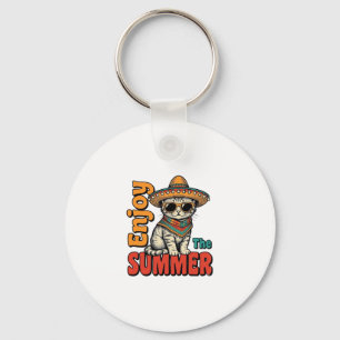 Chaveiro Design de Gravura Vintage de Gato de Verão Engraça