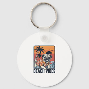 Chaveiro Design de Gravura Vintage Pug Vibrações da Praia_1