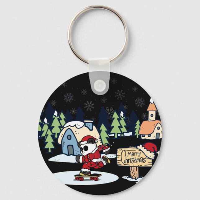 Chaveiro Design de Natal de Panda Skateboarder (Frente)