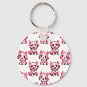 Chaveiro Design de padrão de cachorrinho rosa - branco