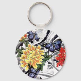 Chaveiro Design de Peony Amarelo e de Tatuagem de Borboleta