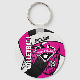Chaveiro Design de Voleibol Negro e Branco, Rosa-Quente