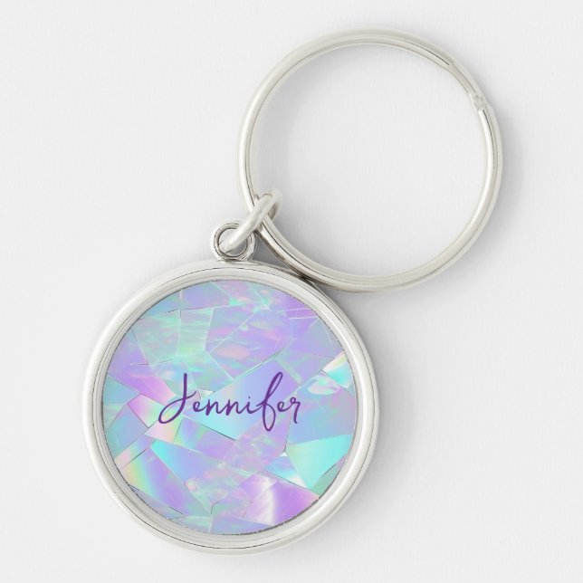 Chaveiro Design Iridescente Azul e Roxo, Nome em Letra (Frente)