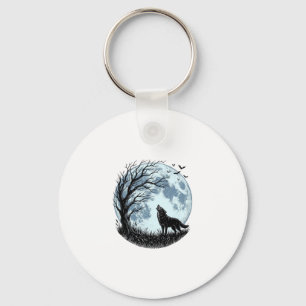 Chaveiro Design Silhueta da Árvore da Lua Uivando Lobo Vint