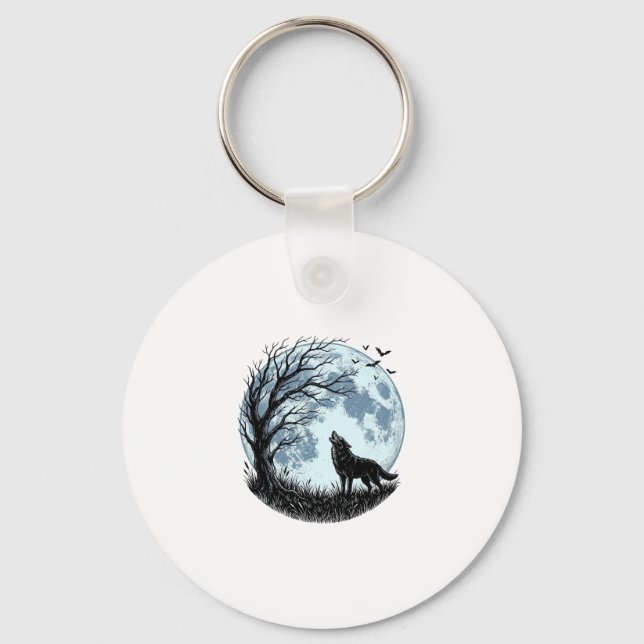 Chaveiro Design Silhueta da Árvore da Lua Uivando Lobo Vint (Frente)