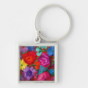 Chaveiro Detalhe de têxtil floral de bordado tradicional