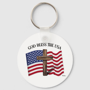 Chaveiro DEUS ABENÇOE OS EUA com cruz robusta & bandeira do