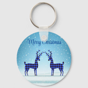 Chaveiro Dia da Neve com uma Rena de Xadrez Azul