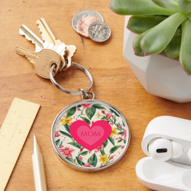 Chaveiro Dia das Mães,Padrão de Coração e Flores Rosa (Mesa)