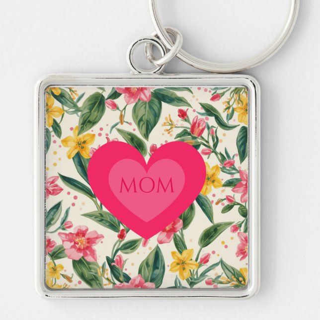 Chaveiro Dia das Mães,Padrão de Coração e Flores Rosa (Frente)