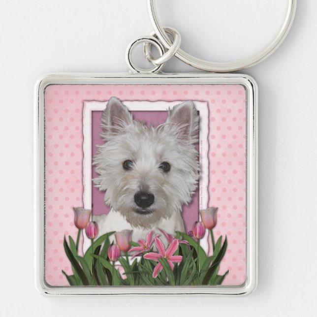 Chaveiro Dia das mães - tulipas cor-de-rosa - Westie (Frente)