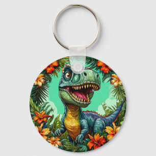 Chaveiro Dinossauro e Flores Tropicais Vibrantes