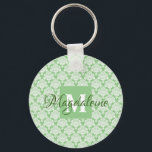 Chaveiro do Sage Green Damask com Monograma<br><div class="desc">Esta bela chaveiro apresenta uma cor damasco branca clássica sobre um fundo verde sábio. O design é personalizado com uma letra inicial de monograma,  assim como um nome personalizável para um olhar simples,  mas elegante. Presente perfeito para qualquer mulher que queira um chaveiro personalizado.</div>