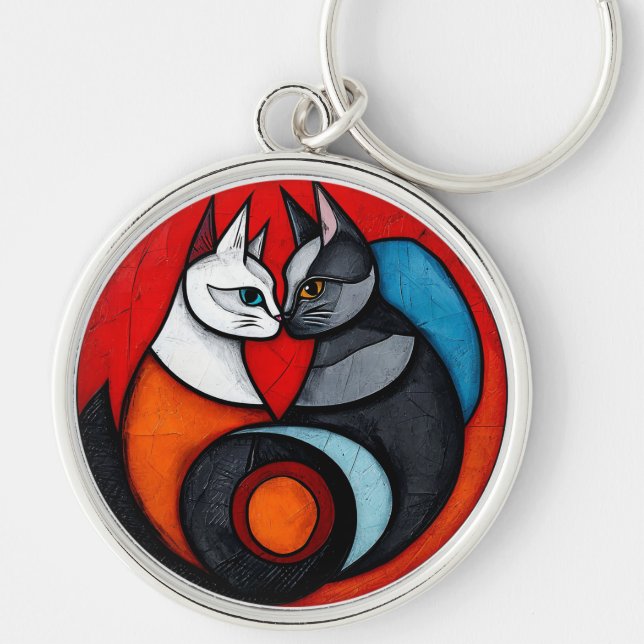 Chaveiro Dois Gatos em Desenho Circular Vibrante (Frente)