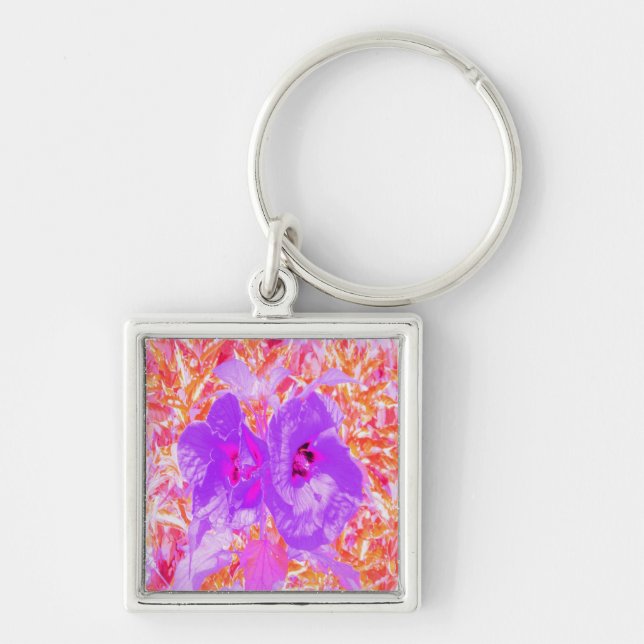 Chaveiro Dois Hibiscus Louco Roxo e Rosa Quente em Vermelho (Frente)