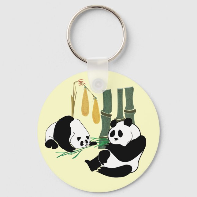 Chaveiro Dois Pandas Cons comem bambu na floresta tropical (Frente)