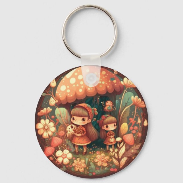 Chaveiro Dois pequenos elfos bonitos sob cogumelos (Frente)