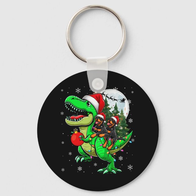 Chaveiro Dois Rottweilers Xmas Andando em T-rex Reindeover  (Frente)