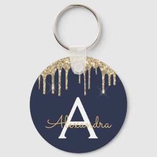 Chaveiro Dourado Azul Naval Feminino Brilhante Glitter Mono