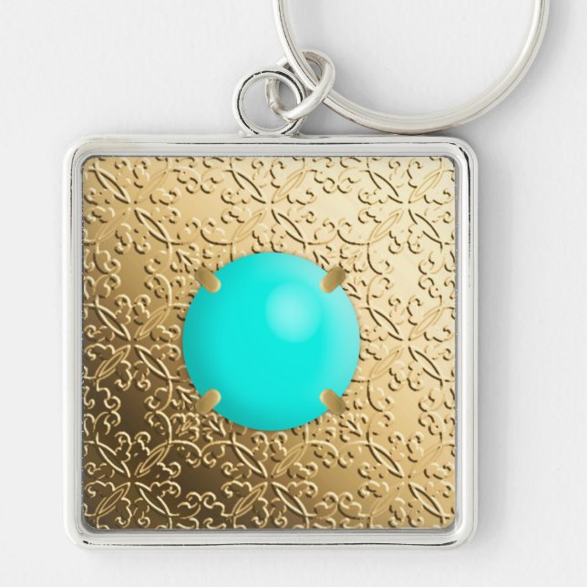 Chaveiro Dourado Damask com uma pedra azul-turquesa (Frente)