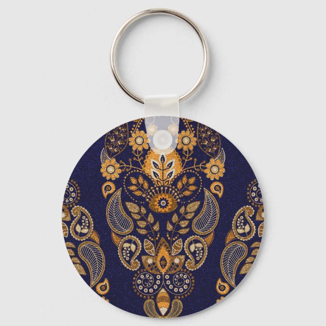 Chaveiro Dourado e azul, padrão floral sem costura. (Frente)