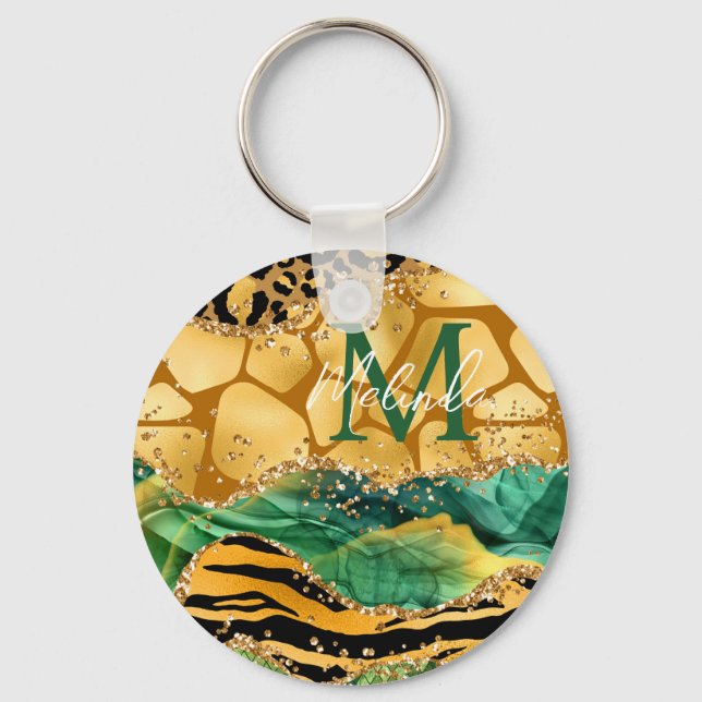 Chaveiro Dourado e Verde Safari Animal Print Agate (Frente)