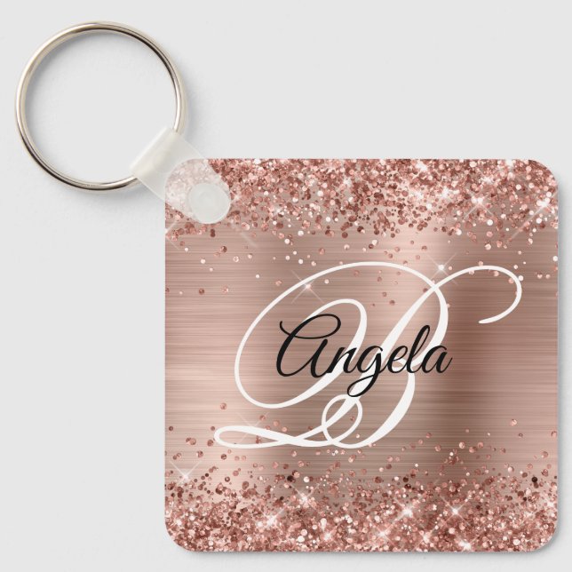Chaveiro Dourado Rosa Espelhado Brilhante Monograma Chique (Frente)