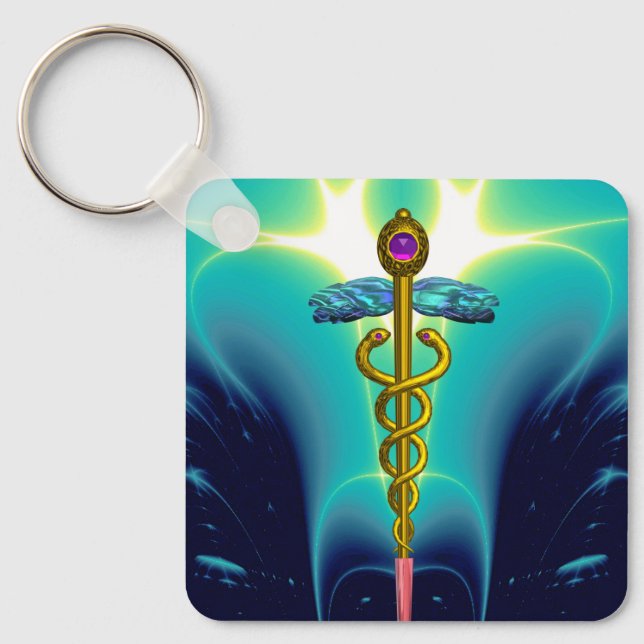 Chaveiro DOURADO SÍMBOLO MÉDICO CADUANEIRO Aqua Azul Turque (Frente)