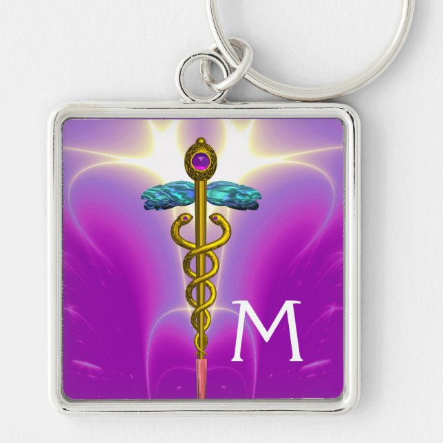 Chaveiro Dourado SÍMBOLO MÉDICO CADUÊMICO MONOGRAMA, Fúcsia (Frente)