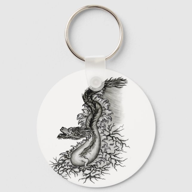 Chaveiro Dragão chinês, Design preto e branco em tatuostilo (Frente)